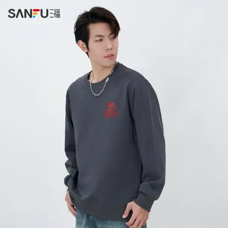 三福2024春季男士国潮红色龙年卫衣 潮流宽松圆领上衣男484624商品大图