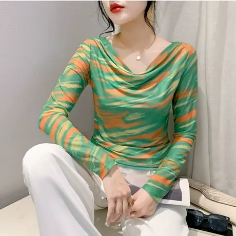 荡领撞色渐变网纱长袖T恤女春秋2024新款时尚气质修身上衣打底衫图片
