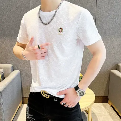 美式白色t恤男正肩短袖欧货2023新款显瘦圆领冰丝叠穿打底衫上衣商品大图