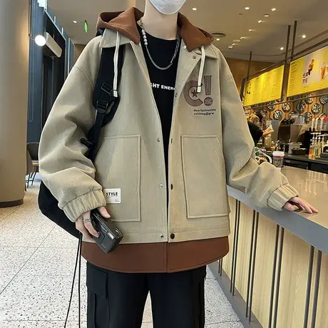 外套男春秋款2024新款潮牌工装夹克男连帽宽松休闲青少年春季上衣商品大图