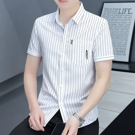 刺绣衬衫男士短袖职业装新款夏季白条纹衬衣正装工装潮流商务休闲商品大图