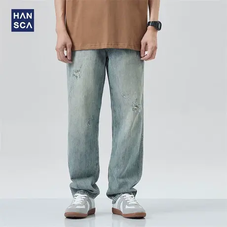 hansca蓝色水洗破洞牛仔裤男春季新款潮流宽松大码直筒休闲长裤子商品大图