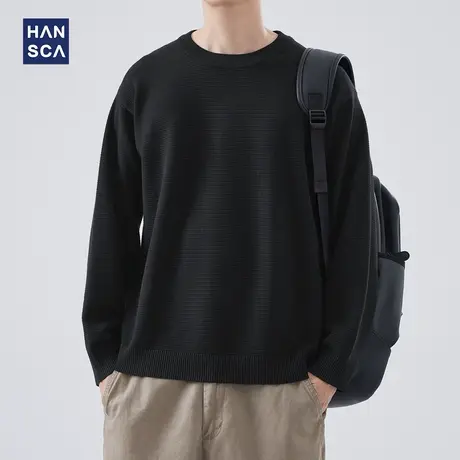 hansca毛衣男士2023秋冬新款重磅圆领宽松加厚保暖内搭黑色打底衫商品大图