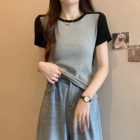 小个子短款撞色拼接半袖T恤女夏季修身百搭韩版圆领短袖体恤上衣商品大图