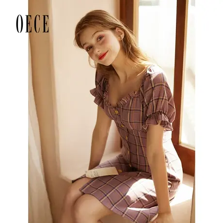 []Oece夏装新款女 芋泥紫复古格纹甜美花边方领连衣裙图片