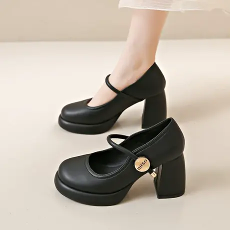 配裙子高跟鞋女2024年春夏季新款法式粗跟单鞋一字扣浅口小皮鞋潮商品大图