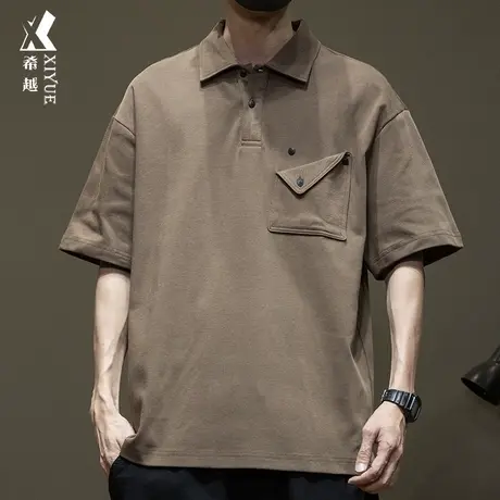 希越美式斜纹双面棉短袖POLO衫男2024春夏款宽松大码休闲男士上衣商品大图