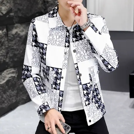 秋季时尚潮流拼接撞色夹克男士潮牌修身痞帅短款翻领格子褂子外套商品大图