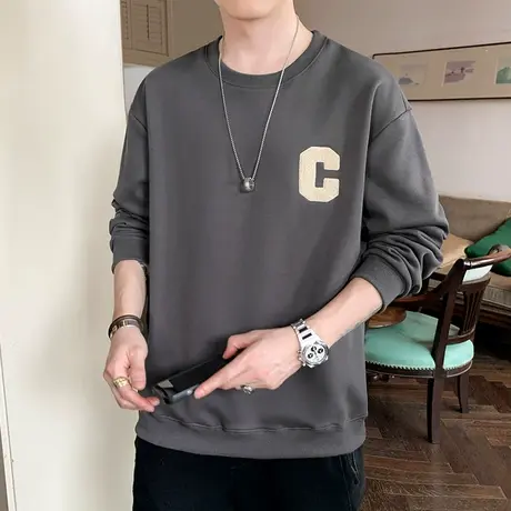 秋冬季字母毛巾绣花无帽圆领套头卫衣无口袋2023新款男士内搭tT恤商品大图