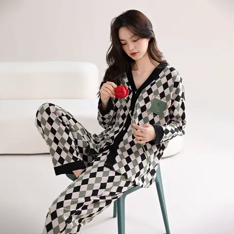 婷美秋冬季睡衣女纯棉长袖V领宽松大码春秋款甜美休闲家居服套装商品大图