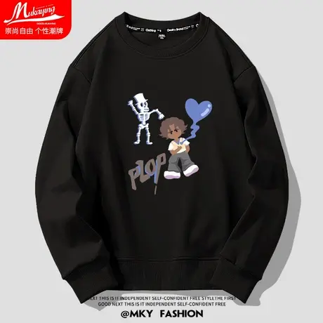 美式卡通印花卫衣男圆领黑色秋季薄款宽松休闲情侣装潮流百搭长袖图片