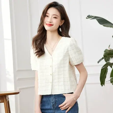 时尚气质V领短袖衬衫2023年夏季新款淑女温柔显瘦泡泡袖短款上衣商品大图