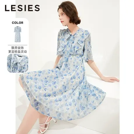 LESIES蓝色倾情夏季新款女时尚印花飘带松紧腰雪纺淑女甜美连衣裙图片