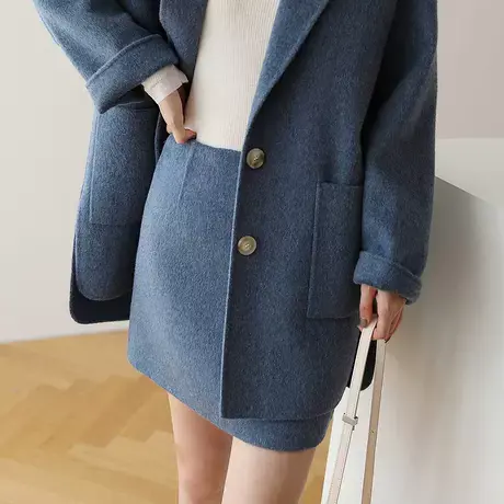 秋冬新短款双面毛呢西装套装裙小个子大衣女无羊绒中长款D521商品大图