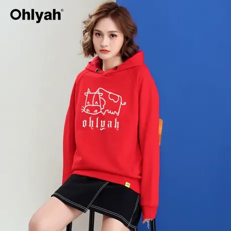 Ohlyah品牌 红色卫衣女秋冬连帽情侣外套大码宽松本命牛年新年装商品大图