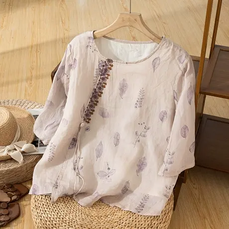 享永子碎花苎麻七分袖上衣夏宽松显瘦高级感重工棉麻T恤2023新款商品大图