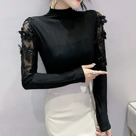 气质刺绣T恤女长袖2023春秋新款半高领打底衫性感网纱拼接上衣ins商品大图