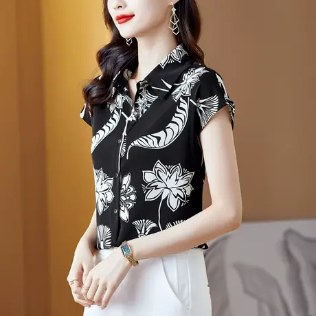 雪纺衬衫女设计感小众新款2023年夏季薄款短袖衬衣洋气真丝上衣女图片