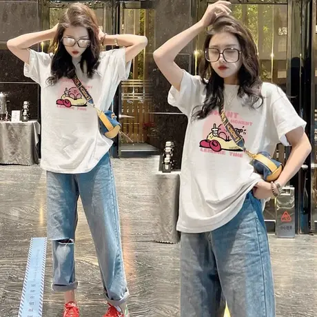 纯棉白色短袖T恤女夏新款小众印花宽松圆领短袖体恤休闲大码上衣商品大图