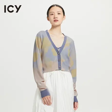 icy2023春季新款清新优雅撞色提花微宽松短款V领开襟毛衫图片