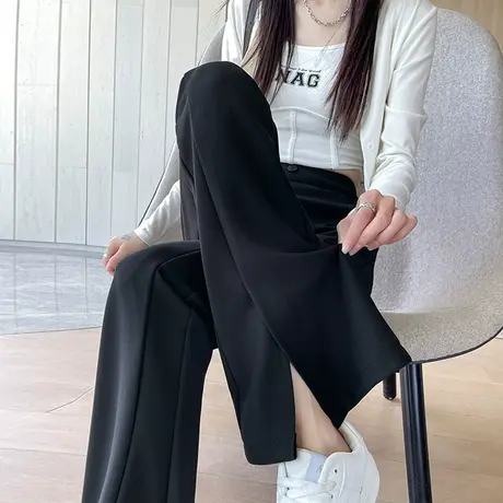 微喇西装裤女2023新款春秋小个子高腰开叉阔腿拖地裤垂感休闲裤子图片