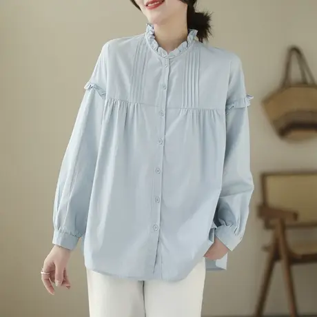 2023春秋新款上衣洋气立领衬衫长袖木耳边宽松娃娃衫女灯笼袖衬衣商品大图