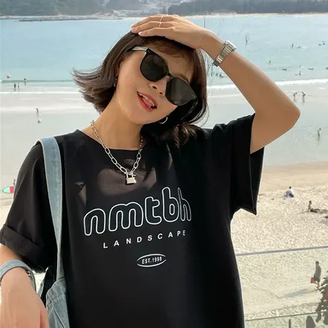 红续港风2023新款韩版夏装字母宽松慵懒风纯棉短袖T恤女上衣ins潮图片