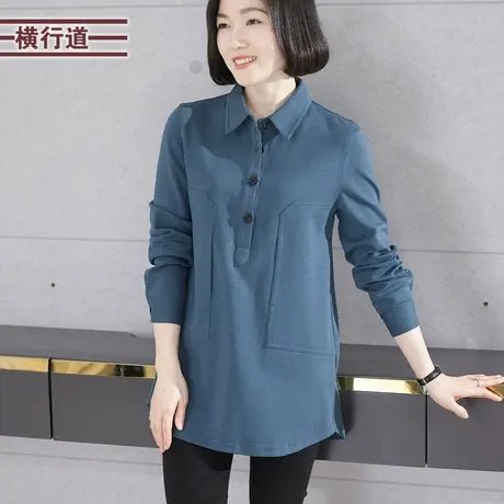 2023新款冬装翻领中长款长袖T恤女装纯色宽松大码中年妈妈女上衣商品大图