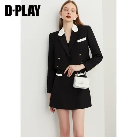 DPLAY秋装季新款法式优雅通勤黑拼白定制喷漆双排扣西装外套图片