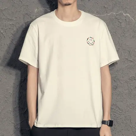 2022新款夏季休闲百搭白色t恤男短袖彩线刺绣打底衫潮流韩版体恤图片