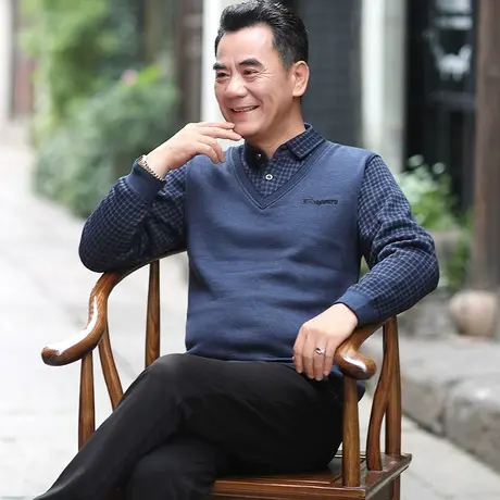 爸爸毛衣2023年新款秋冬季中老年人男士加绒加厚假两件保暖针织衫商品大图