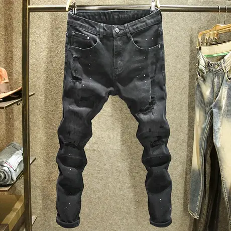 黑色修身显瘦男士牛仔裤潮牌破洞小脚裤2023秋季新款时尚泼墨裤子商品大图