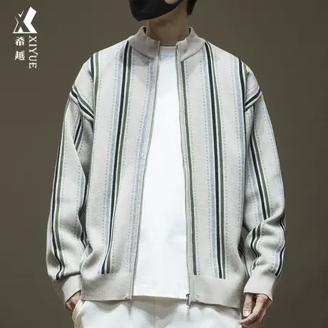 希越复古美式开衫毛衣男秋季宽松大码条纹撞色拉链ins针织外套潮商品大图