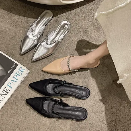 2023夏季新款尖头低跟半拖鞋链条银色包头穆勒拖鞋英伦风平跟女鞋商品大图