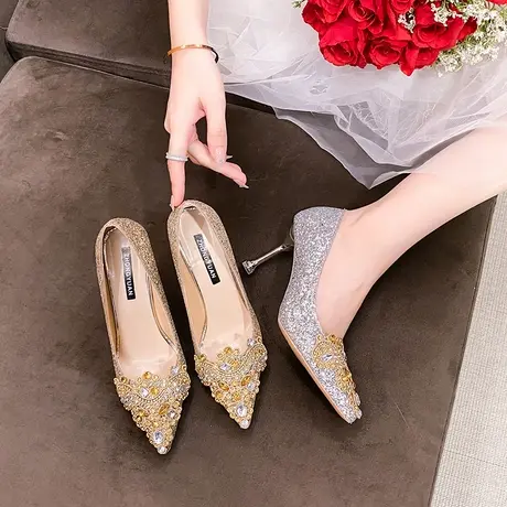 永希白纱婚鞋女2022年新款中式秀禾高跟鞋女水钻一脚蹬细跟伴娘鞋商品大图