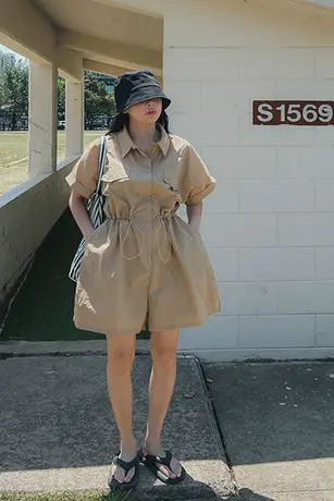 新款短袖连体裤女抽绳polo领连体短衣女夏季大码宽松显瘦直筒裤子商品大图