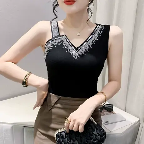 性感V领烫钻背心女吊带西装内搭洋气百搭无袖上衣设计感修身小衫商品大图