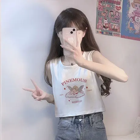 纯棉吊带运动背心无袖t恤女夏季设计感小众外穿宽松短款辣妹上衣图片