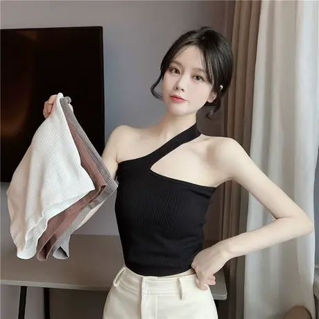 夏季美背斜肩挂脖吊带内搭打底背心女外穿短款设计感小众辣妹上衣商品大图