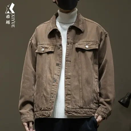 希越复古羊羔绒牛仔外套男加肥加大胖子衬衣春季加绒加厚工装夹克商品大图