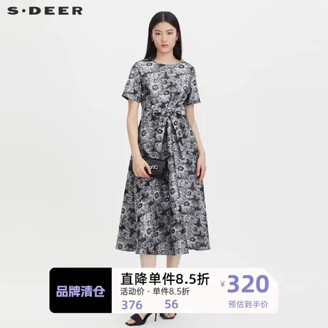 sdeer圣迪奥女装圆领印花收腰短袖连衣裙S232Z12U5图片