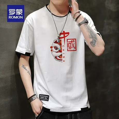 罗蒙男士冰丝短袖T恤夏季薄款假两件中国风潮流印花圆领纯棉衣服图片