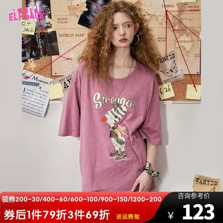 【商场同款】妖精的口袋粉色短袖印花t恤女2023夏季新款宽松大码商品大图