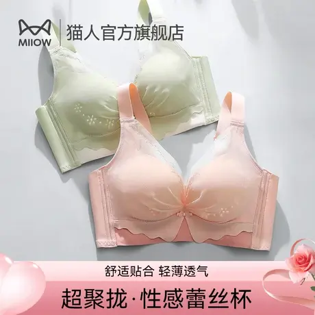 猫人小胸聚拢显大内衣女无钢圈收副乳防下垂上托蕾丝性感薄款文胸图片