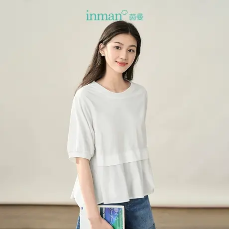 【商场同款】茵曼文艺拼接T恤2023秋季女装新款圆领短袖显瘦上衣图片