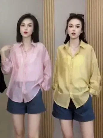 2023新款长袖衬衫女夏宽松简约微透廓形POLO领薄款防晒上衣ins潮商品大图