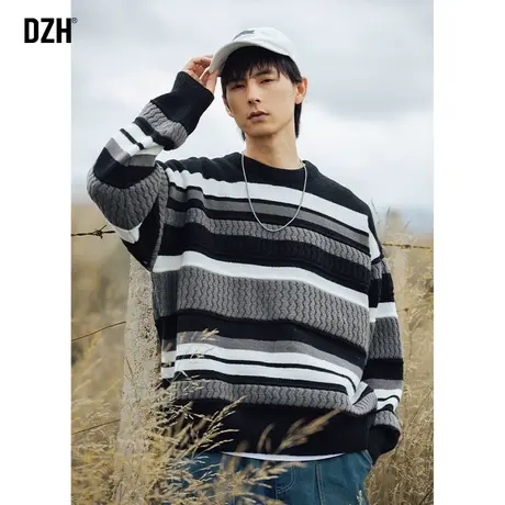 男士黑白条纹毛衣男圆领针织衫外套情侣装2023新款高级感男装打底图片