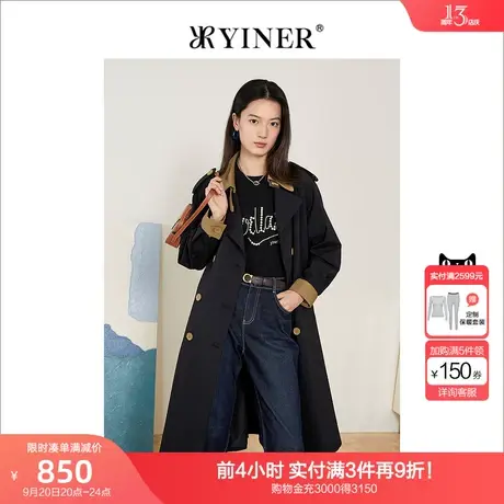 YINER音儿女装2022春季新款撞色双排扣西装领风衣商品大图
