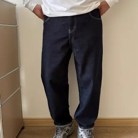 大依无忧大码男装秋新款蓝色普洗宽松阔版胖人加肥加大男士牛仔裤图片