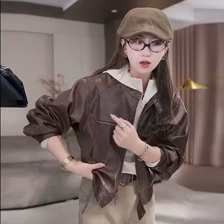 美式机车服短款pu皮衣外套女2025秋季新款小个子设计感立领夹克潮商品大图